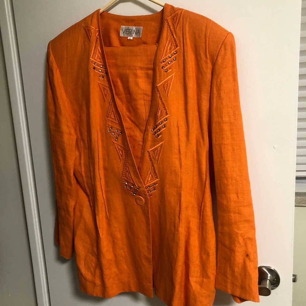 Verina Orange Embellished Linen Jacket & skirt